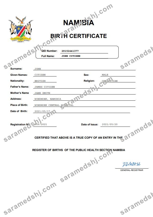 Namibia birth certificate Word and PDF template